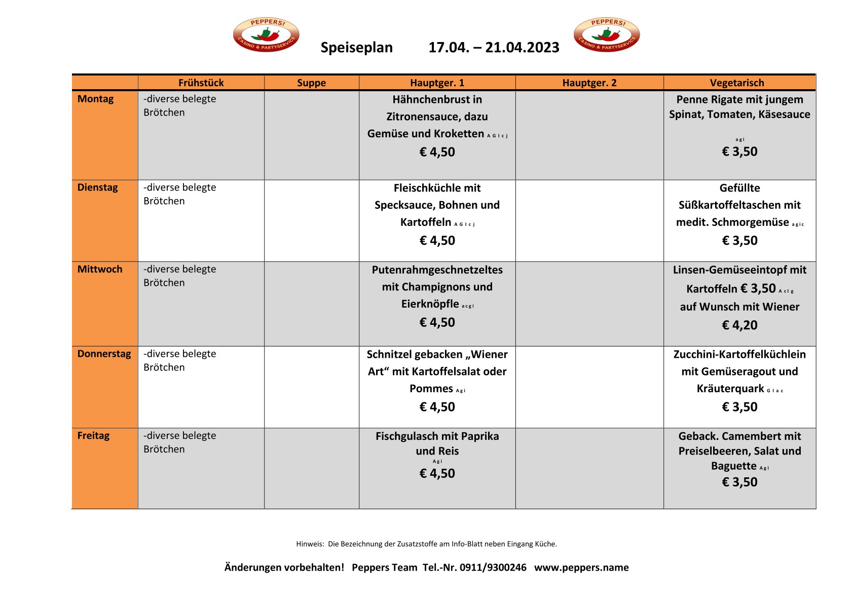 Speiseplan 16, 17.0421.04.2023. Peppers!